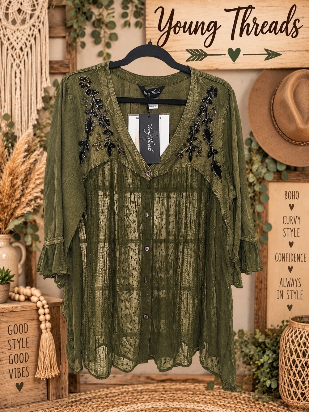 281 Young Threads Olive Green Embroidered Button-Front Boho Blouse